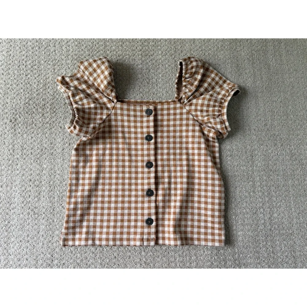 Madewell Top Womens S Brown White Cottage Chic Gingham Plaid Puff Sleeve Shirt